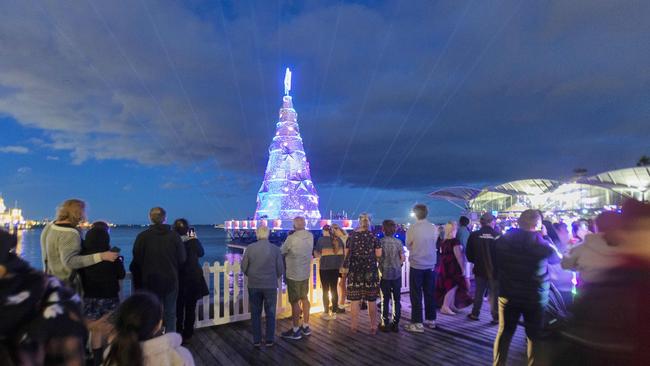 The original floating Christmas tree at Geelong’s waterfront. Picture: Alan Barber