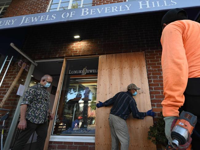 A jewellery store in Beverly Hills is boarded up in anticipation of violence as a result of the presidential election. Picture: AFP