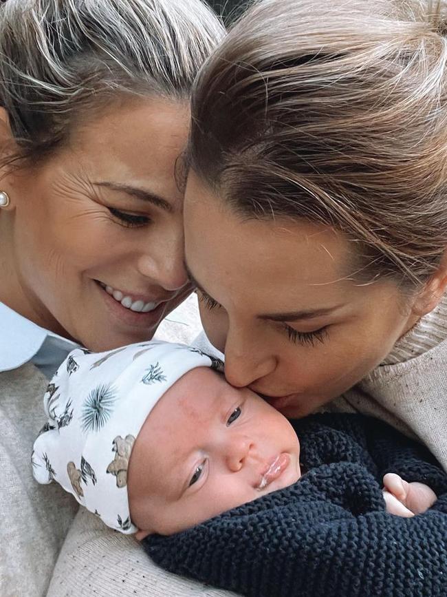 Fiona Falkiner, partner Hayley and their newborn son Hunter. Picture: Instagram