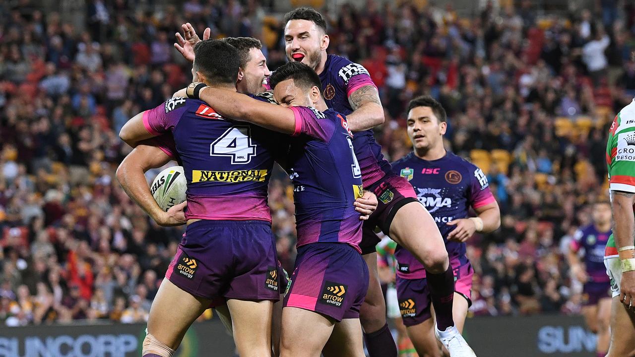 Corey Oates scored a hat-trick in the Broncos win over South Sydney. (AAP Image/Dave Hunt)