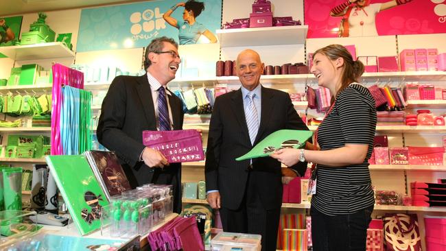 Solomon Lew (centre) at the Smiggle shop in Bourke Street, Melbourne.