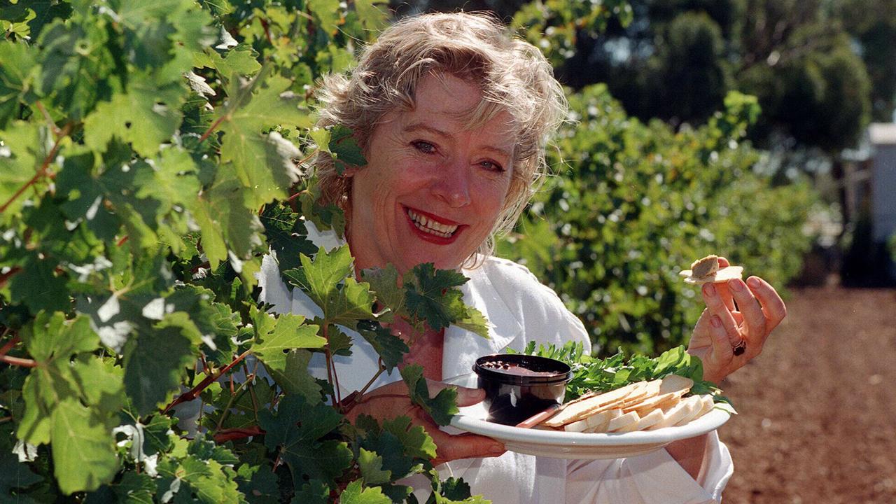 Maggie Beer holding plate of her pheasant pate in 1997.