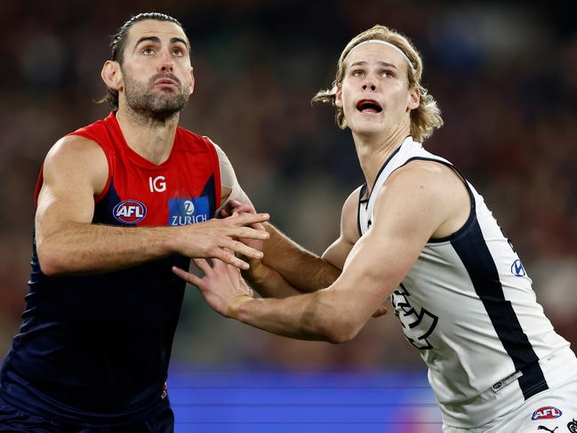 MELBOURNE, AUSTRALIA - JUNE 02: Brodie Grundy of the Demons and Tom De Koning of the Blues in action during the 2023 AFL Round 12 match between the Melbourne Demons and the Carlton Blues at the Melbourne Cricket Ground on June 2, 2023 in Melbourne, Australia. (Photo by Michael Willson/AFL Photos via Getty Images)