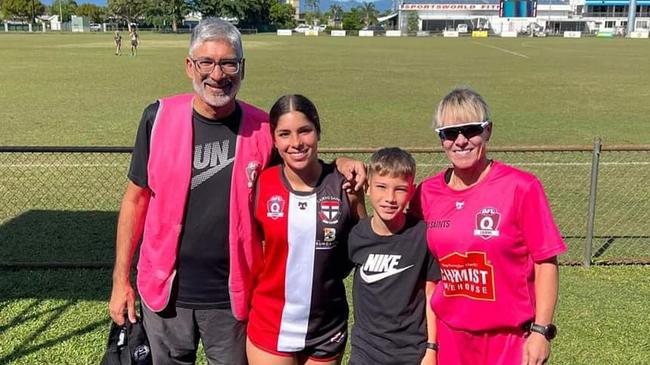 Sumant 'Sumo' Narula, a beloved water runner at Cairns Saints Football Club, tragically lost his battle with cancer on Monday. Here he is pictured with his wife Anita Narula and children, Reshan and Sanjay. Picture: Supplied