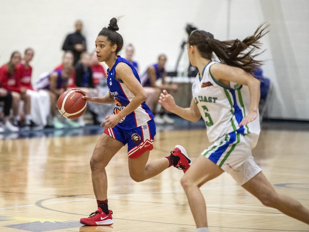 Jorga Bolton, Mountaineers. QSL basketball, Mountaineers vs Gold Coast Rollers. Friday, June 18, 2021. Picture: Nev Madsen.