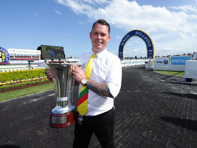 Winning owner of Lucky Hussler Byron Gall at the Magic Millions. Pic by Luke Marsden.