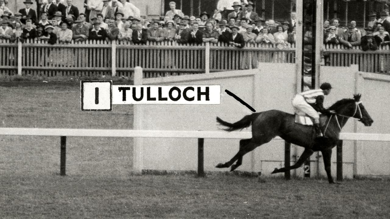 Undated. Tulloch winning the 1957 Victorian Derby at Flemington. Race finish