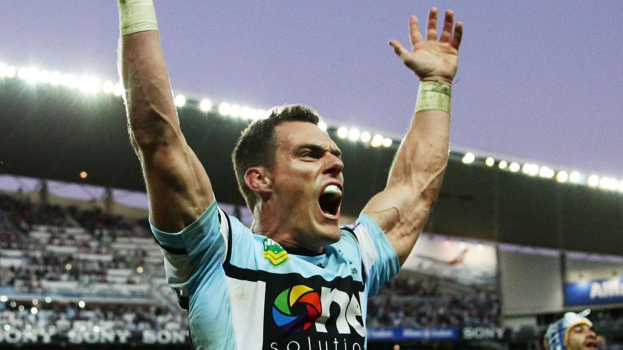 John Morris celebrates Cronulla’s controversial win over the Cowboys during the 2013 finals series. Picture: Matt King/Getty Images