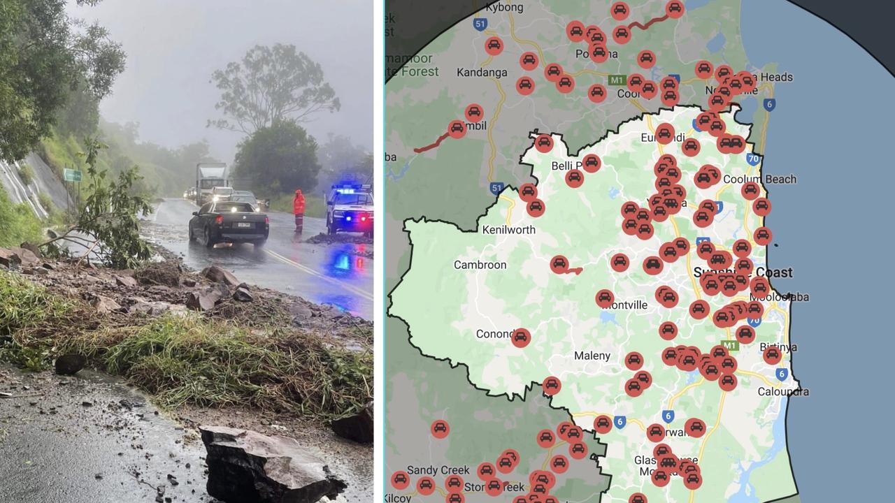 A landslip on Landsborough-Maleny Road and a map showing road closures and incidents on the Sunshine Coast.