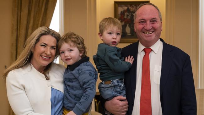 Deputy Prime Minister Barnaby Joyce and his partner Vikki Campion and children attend the swearing-in ceremony at Government House, Canberra. Picture: NCA NewsWire / Martin Ollman