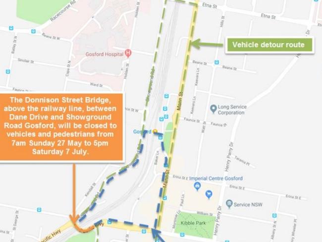 Detour routes for the closure of Donnison Street Bridge in Gosford