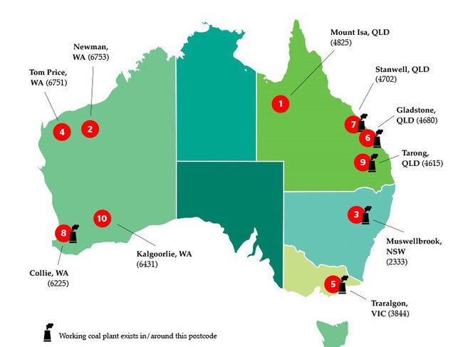 A map of Australia identifying the regions which host the worst air pollution (by postcode), with a majority being situated close to a coal-fired plant. Picture: Supplied (ACF)