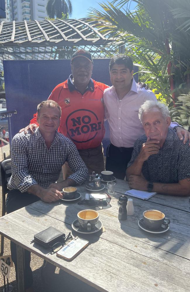 NT cricket identities Ken Vowles, Marcus Rosas and Charlie King met with Himanshu Bhatia (middle right) who was banned after making an offensive comment.