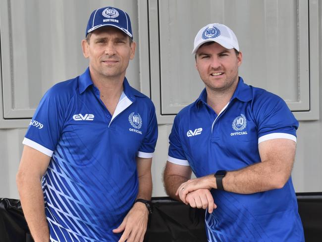 North Queensland 16-18 years boys team trainers Michael Whiting and Aaron Halliday at the Queensland School Sport rugby league state championships at Marley Brown Oval, Gladstone, on May 17, 2025.