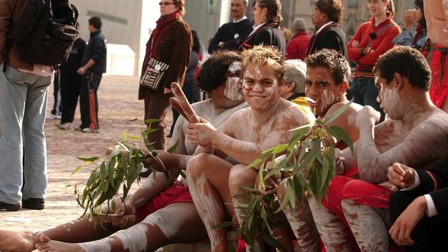 Young Aboriginal dancers adorned with body paint at Federation Square in Melbourne. Picture: AAP