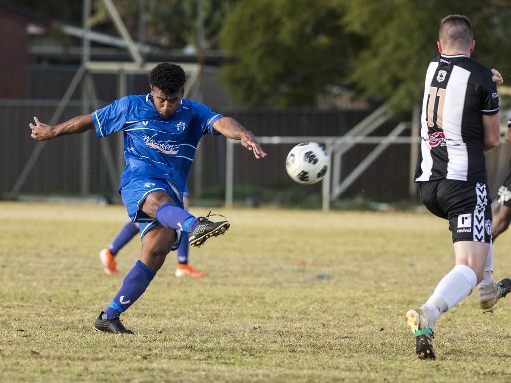 Patrick Maneikera shoots for Rockville Rovers against Willowburn in Toowoomba Football League Premier Men round 13 at Captain Cook reserve, Sunday, June 20, 2021. Picture: Kevin Farmer