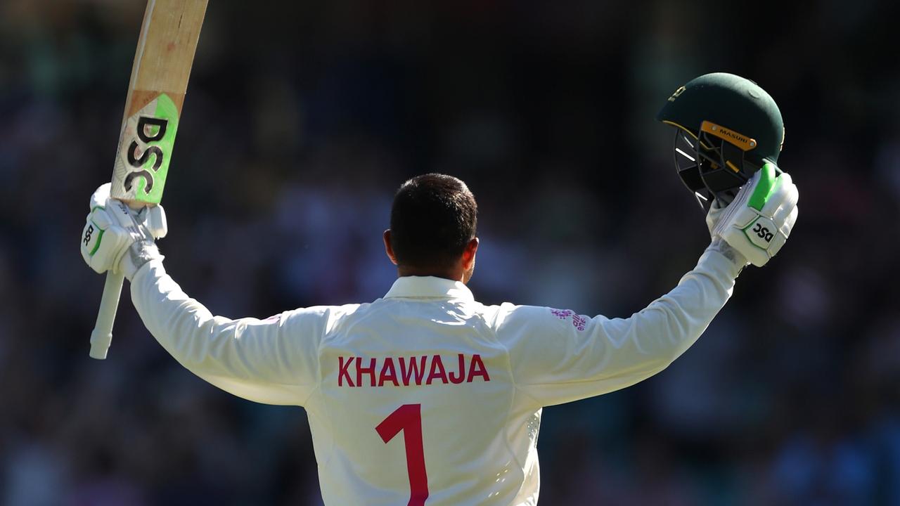 SYDNEY, AUSTRALIA - JANUARY 08: Usman Khawaja of Australia celebrates his century during day four of the Fourth Test Match in the Ashes series between Australia and England at Sydney Cricket Ground on January 08, 2022 in Sydney, Australia. (Photo by Mark Kolbe/Getty Images)