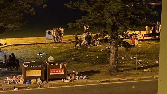 A photograph, taken by a resident, after a crowd left East Esplanade Park at Manly late on Friday night. Picture: Supplied