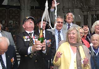 Celebrations ... Tony Roberts, Alan Ilegg and Donald James (in beret) on the steps of the High Court, London / Pic Charles Miranda