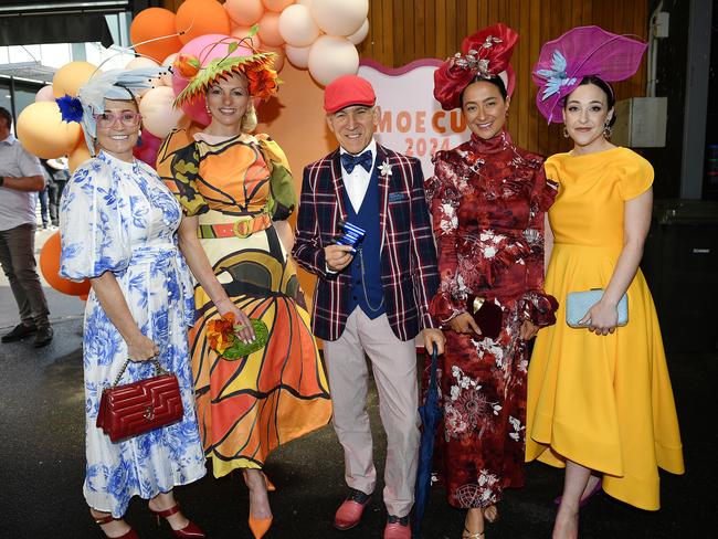 The Ladbrokes 2024 Moe Cup is held at Moe Horse Racing Club, Moe Victoria, Friday 18th October 2024. Racegoers Kerrie Tietjens, Karlie Owen Michael McAlpine, Priscilla Giardina, Maddi McConnell enjoying the races.Picture: Andrew Batsch