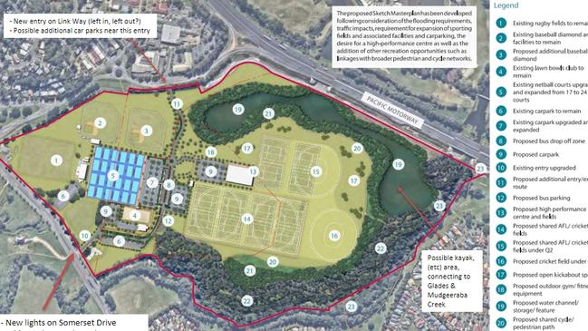 The future proposed masterplan for Firth Park at Mudgeeraba, which includes a lake which could possibly link with the Greenheart at Robina on the Gold Coast.