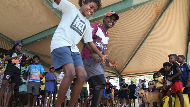 Dancers from Mornington Island State School perform at the Make the Choice community vaccination event. Picture: Peter Carruthers