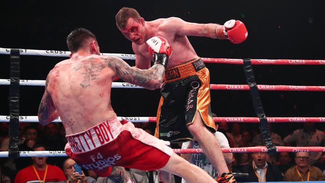 Jeff Horn epic ninth round knock down of Michael Zerafa. Picture: Chris Hyde/Getty