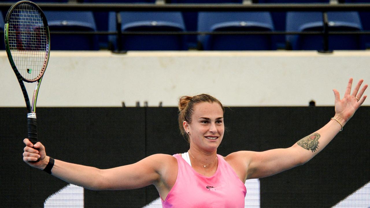 Aryna Sabalenka enjoys a lighter moment while training ahead of the Adelaide International at Memorial Drive. Picture: AFP