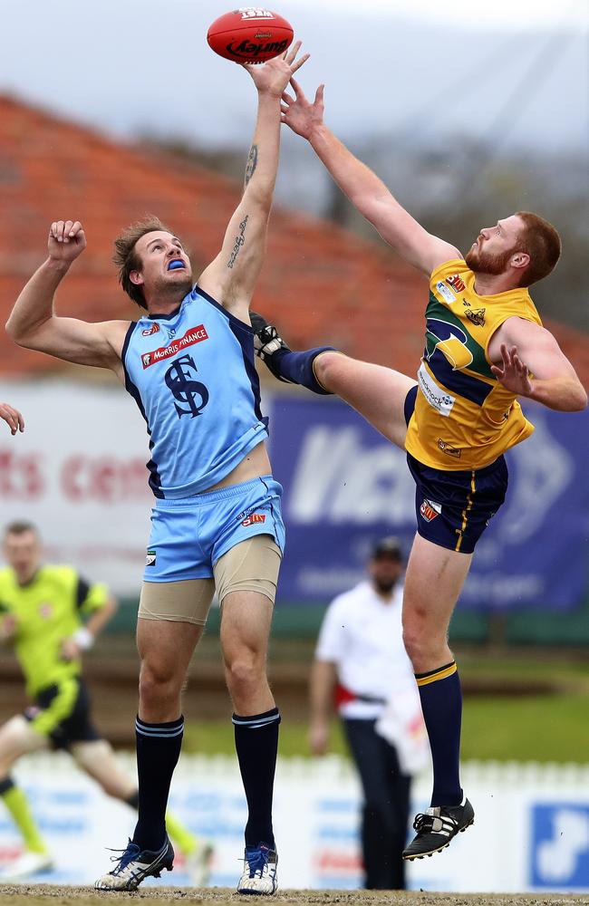 Sturt’s Jack Osborn rucks against Eagles’ Jordan West. Picture: SARAH REED