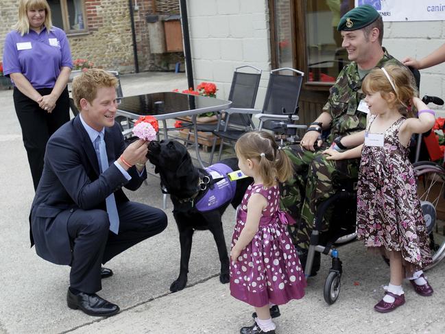 Prince Harry, left, meets Steve Brookes, a serviceman with a spinal injury and his dog Major, in 2010. Harry recently shared he has three dogs, who offer him emotional support. Picture: AP