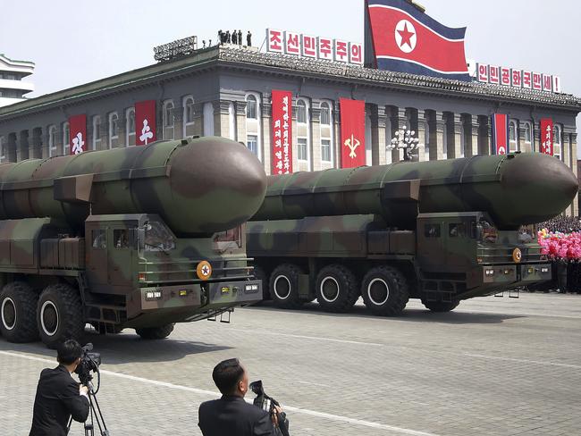 Rockets displayed during a military parade marking the 105th anniversary of the birth of late North Korean leader Kim Il-Sung in Pyongyang. Picture: AFP