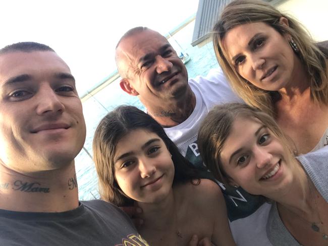 From left, Dustin Martin, stepsister Alana, 15, father Shane, stepsister Emma, 17, and stepmother Adriana in New Zealand for Christmas. Picture: Supplied.