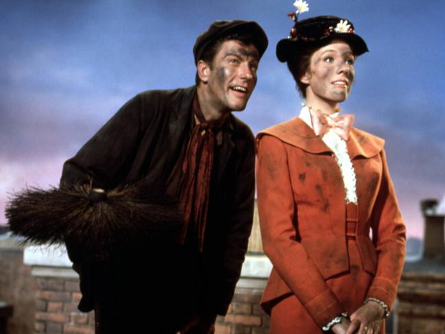 Actors Dick Van Dyke and Julie Andrews in a scene from Mary Poppins'.