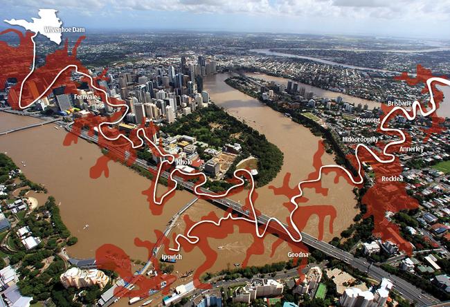 A map showing the flood zones along the Brisbane River