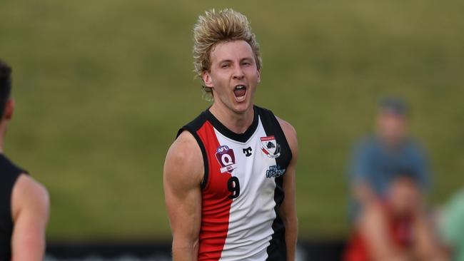 Jake Lohmann celebrates a goal for Morningside in the 2024 QAFL grand final. Picture: Highflyer Images.