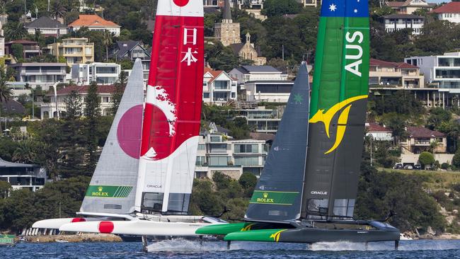 Japan and Australia battle for the SailGP Sydney honours. Pic: Andrea Francolini