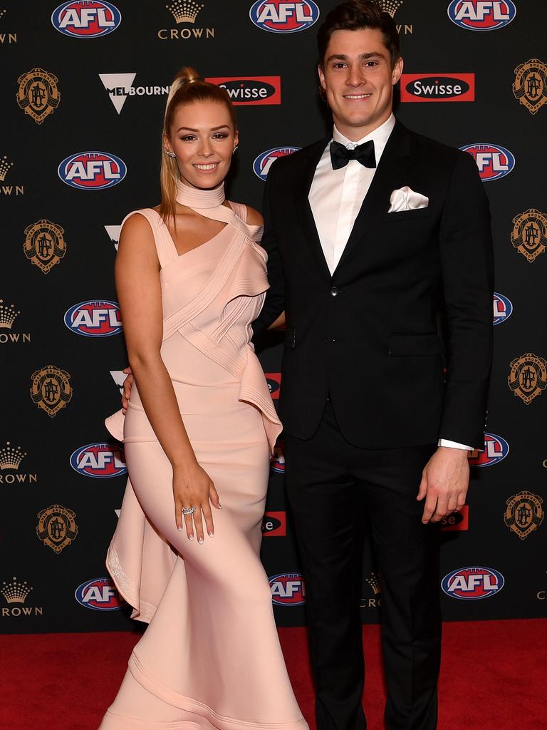 St Kilda’s Jack Steele and partner Taylah Wilcox. Picture: AAP