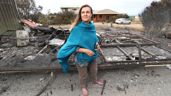 Cathy Veldhuyzen at her Port Lincoln property, where the fire came within metres of her home. Picture: Tait Schmaal