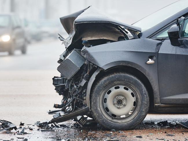 car crash accident on street, damaged automobiles after collision in city