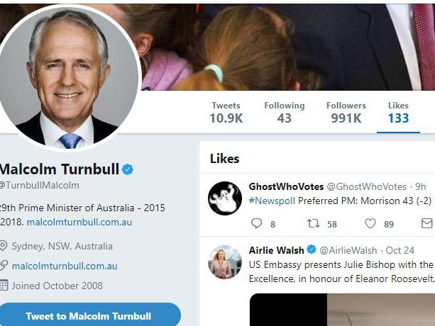 Malcolm Turnbull's twitter account 'likes' the latest Newspoll results on October 29, 2018. Source: Twitter