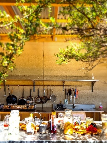 The delicious, fresh brekkie spread at Little Beach Co’s outdoor kitchen. Picture: Supplied.