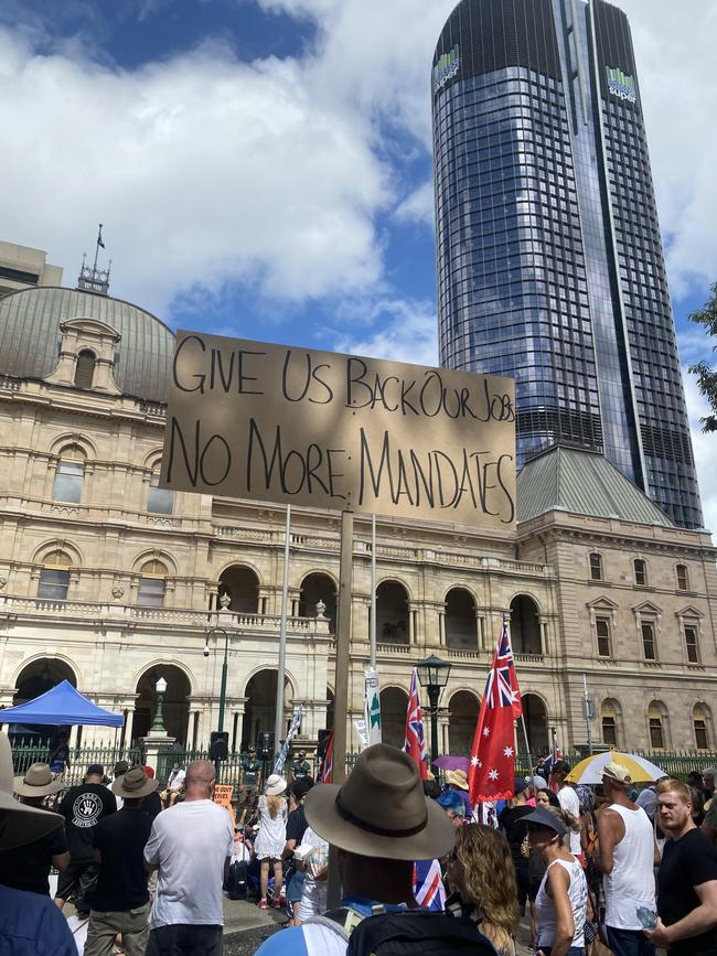 Hundreds of people have gathered outside Queensland Parliament to protest “freedom over fear”. Picture: Samantha Scott.