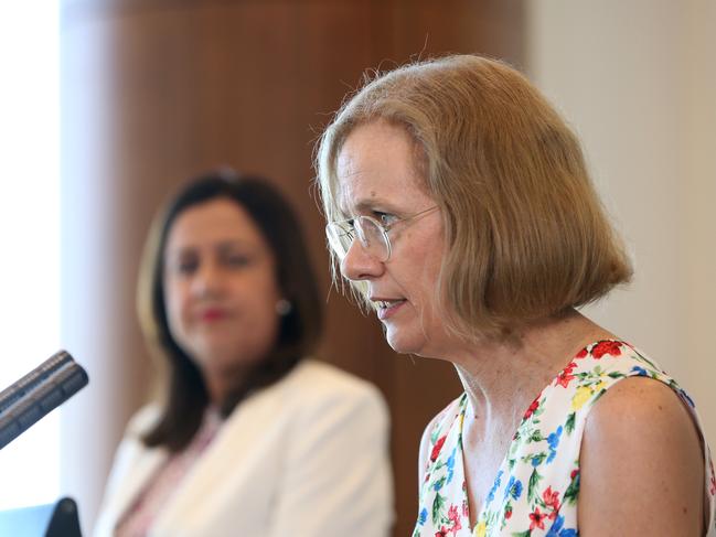 Dr Jeannette Young, Queensland's Chief Health Officer, with Premier Annastacia Palaszczuk, at the presser, at 1 William St, on Sunday 20th December - Photo Steve Pohlner