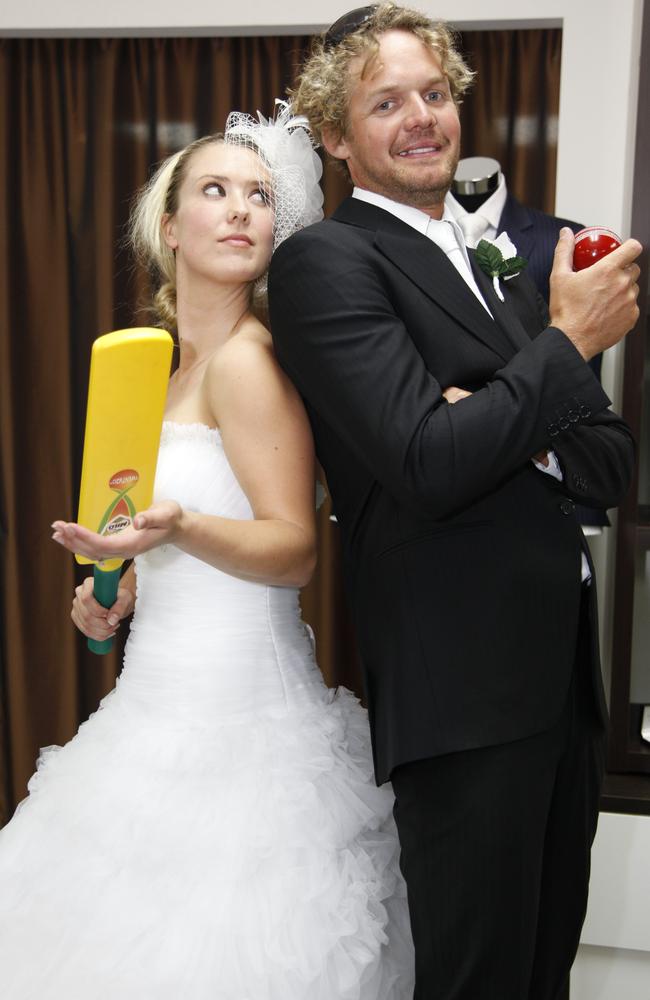 Abby Coleman and fiance Scott Burdon mucking around for a photo shoot before their wedding.