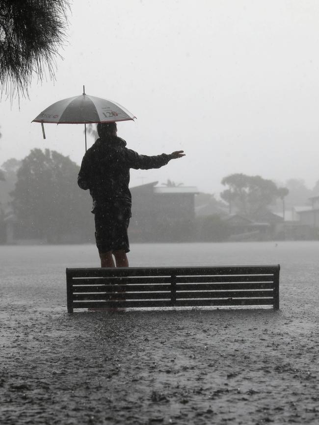 The carpark at Narrabeen Woolworths flooded due to heavy rain in Sydney. Picture: Damian Shaw