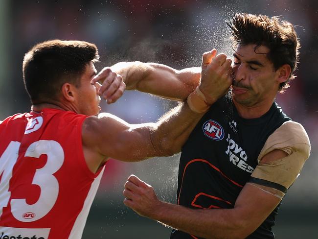 Toby Bedford was subbed out after this incident. Picture: Cameron Spencer/Getty Images