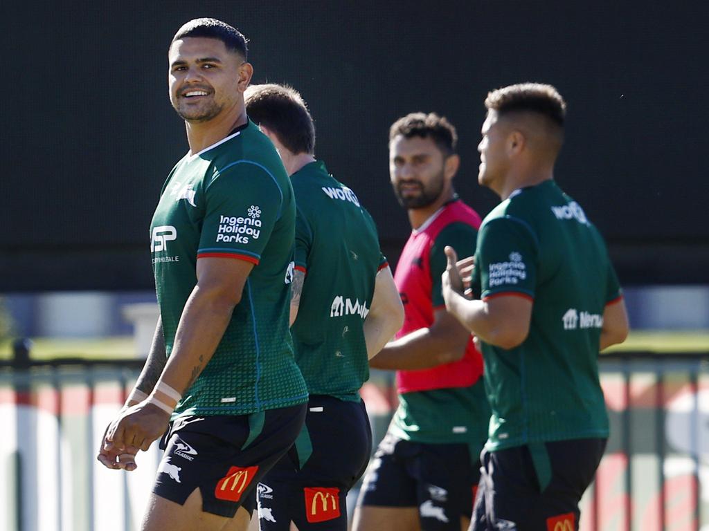 Latrell Mitchell trained in the halves at Heffron Park on Monday morning. Picture: Richard Dobson