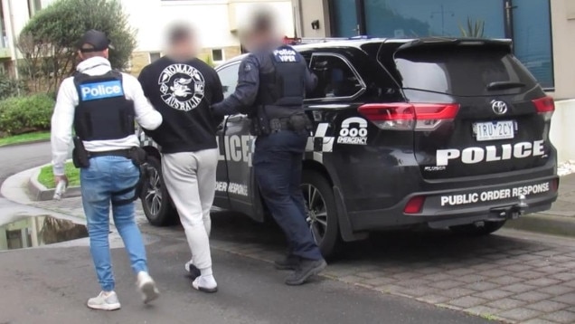 A Nomad gang member is arrested after the alleged bashing. Picture: Victoria Police