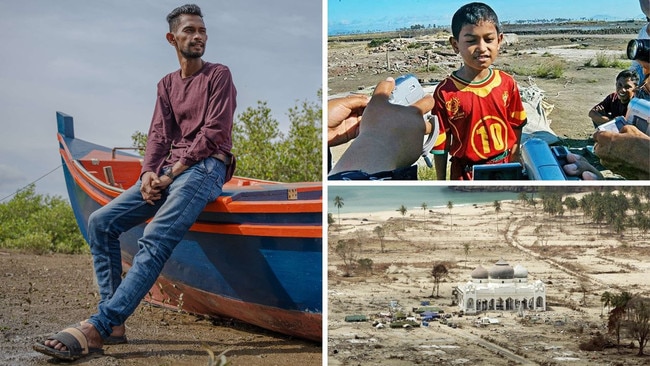 Clockwise from left, the Lost Boy of Aceh, Martunis Sarbini, today and 20 years ago; the Rahmatullah Lampuuk mosque in Lhoknga after the tsunami. Pictures: Ahmad Mufti/AP