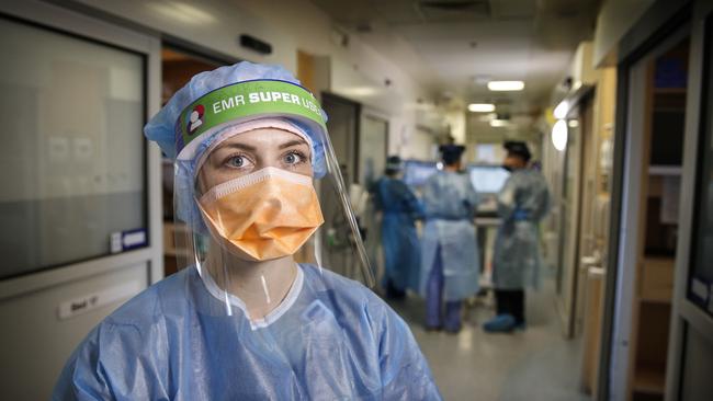 Royal Melbourne Hospital ICU nurse Laura Keily in the COVID Ward 9 East. Picture: David Caird